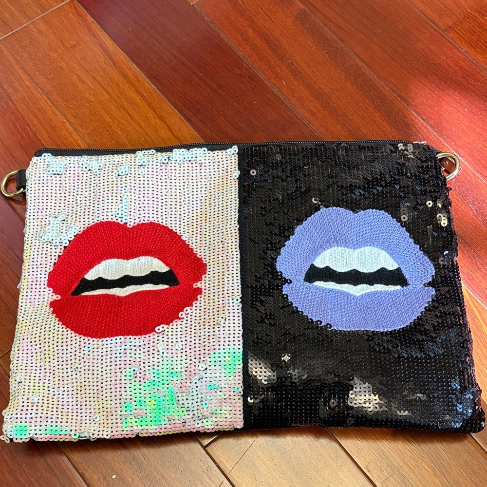 Sequin Lip Design Clutch - Red and Black